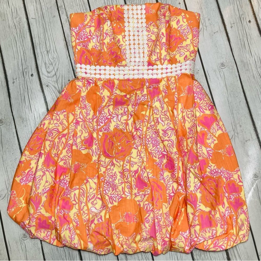 Lilly Pulitzer Strapless Regency Bubble Dress Orange Starfruit Hen House size 0